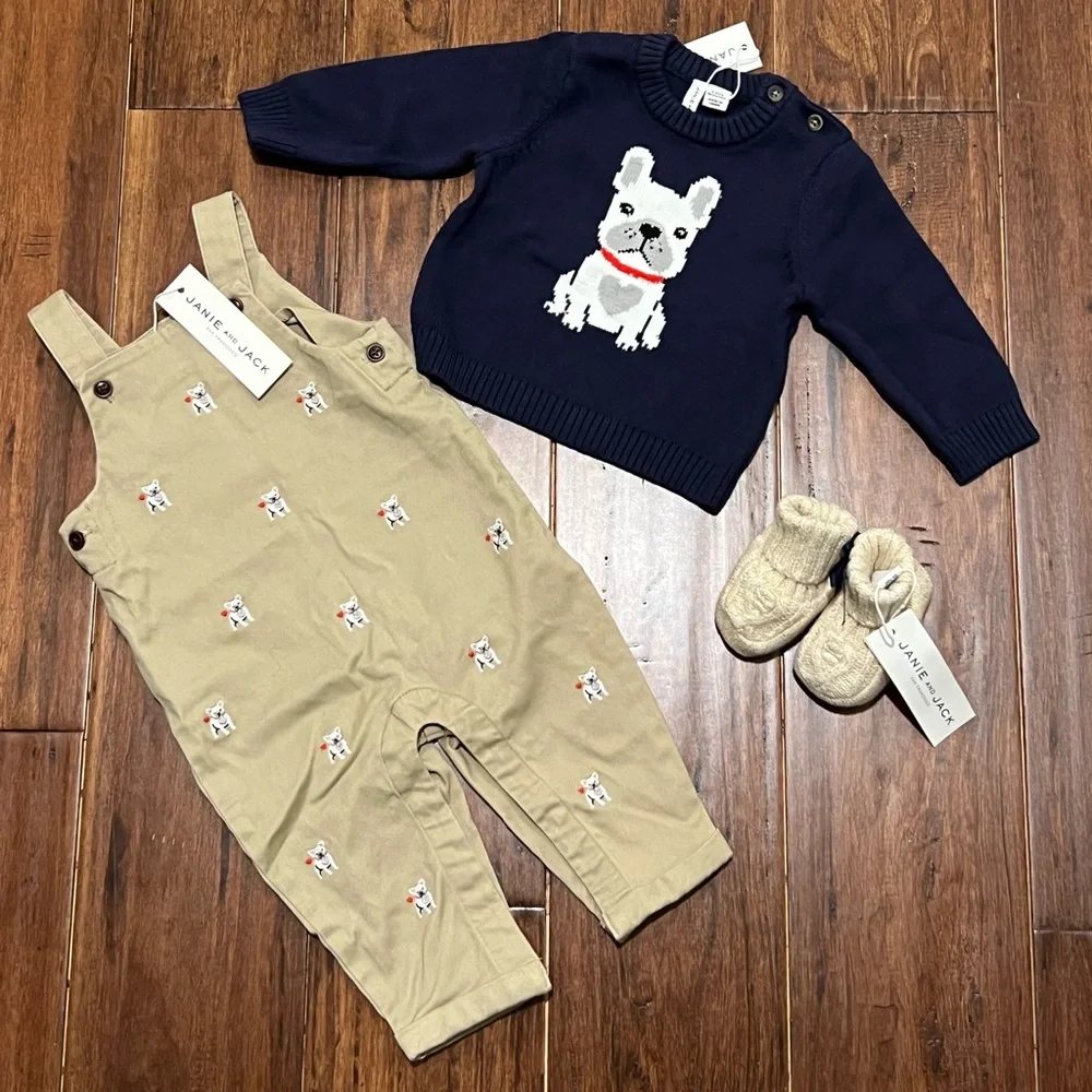 Janie and Jack - Frenchie bulldog bundle Overalls Sweater Booties 3-6 months New